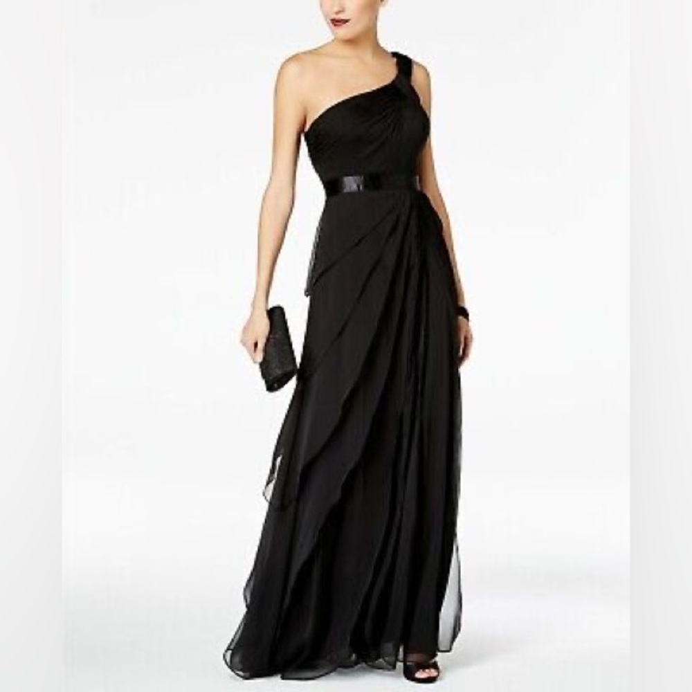 Adrianna Papell One Shoulder Black Chiffon Gown Size 6